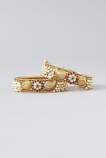 Gold Finish Kundan Polki & Multi-Colored Stone Bangles (Set of 2)