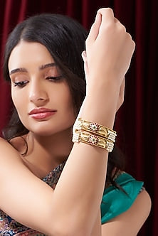 Gold Finish Kundan Polki & Multi-Colored Stone Bangles (Set of 2)