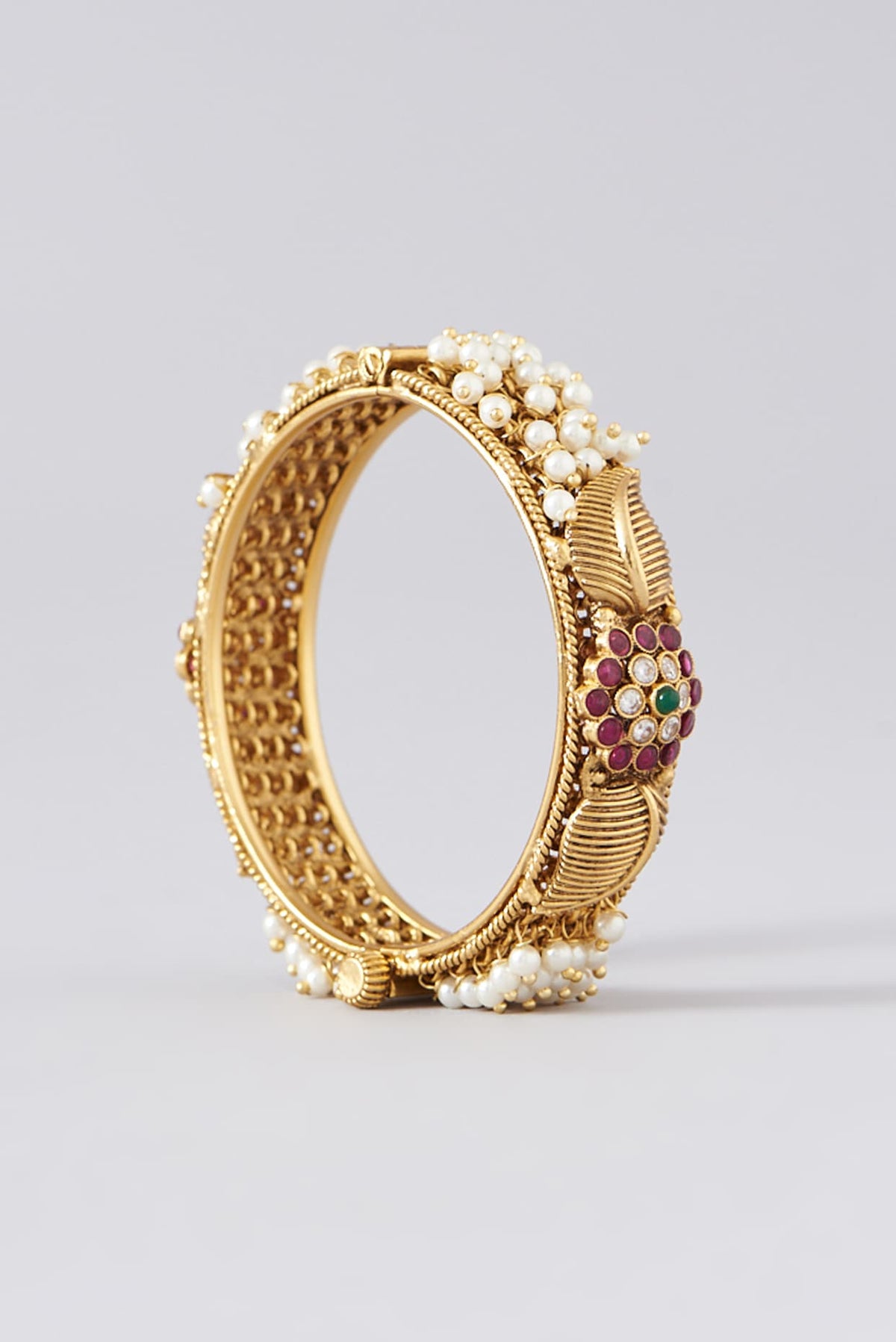 Gold Finish Kundan Polki & Multi-Colored Stone Bangles (Set of 2)