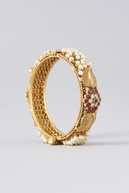 Gold Finish Kundan Polki & Multi-Colored Stone Bangles (Set of 2)