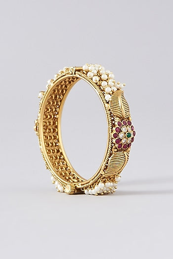 Gold Finish Kundan Polki & Multi-Colored Stone Bangles (Set of 2)