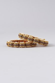 Gold Finish Pearl Temple Bangles (Set Of 2)