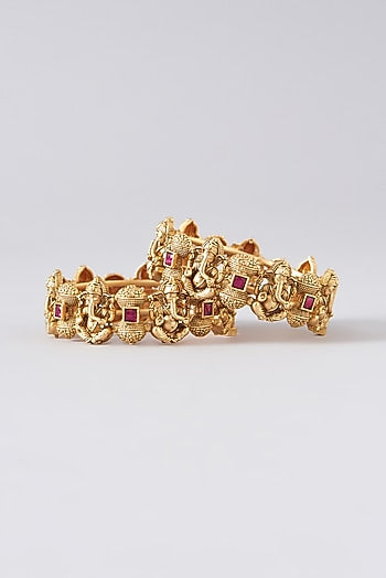 Gold Finish Red Stone Temple Bangles (Set of 2)