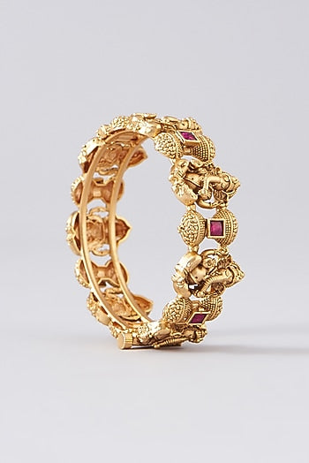 Gold Finish Red Stone Temple Bangles (Set of 2)