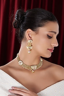 Gold Finish Kundan Polki & Pearl Choker Necklace Set