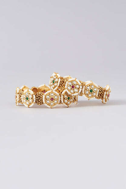 Gold Finish Kundan Polki & Red Stone Bangles (Set of 2)