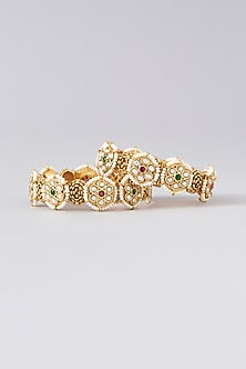 Gold Finish Kundan Polki & Red Stone Bangles (Set of 2)