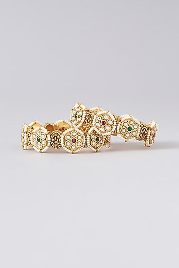 Gold Finish Kundan Polki & Red Stone Bangles (Set of 2)
