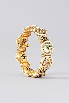 Gold Finish Kundan Polki & Red Stone Bangles (Set of 2)