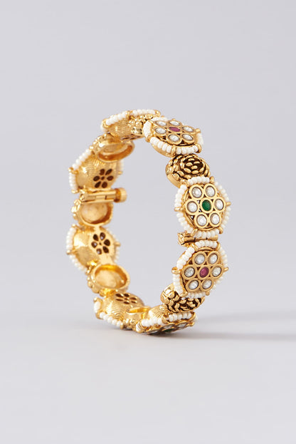 Gold Finish Kundan Polki & Red Stone Bangles (Set of 2)