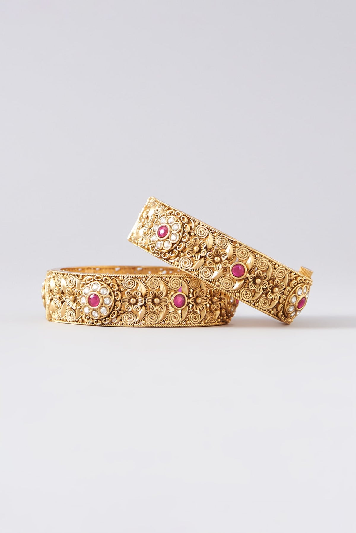 Gold Finish Kundan Polki & Red Synthetic Stone Bangles (Set Of 2)