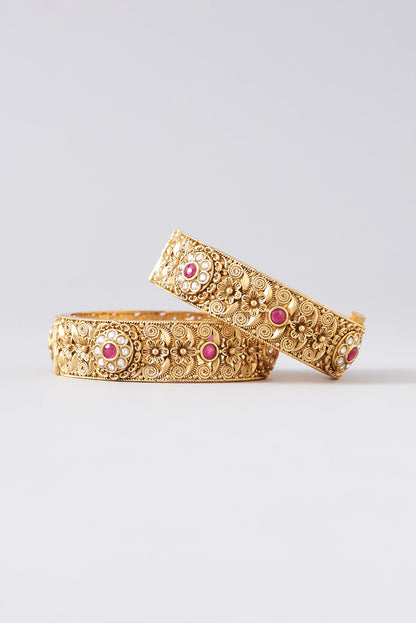 Gold Finish Kundan Polki & Red Synthetic Stone Bangles (Set Of 2)