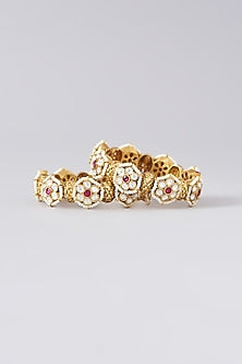 Gold Finish Kundan Polki & Red Synthetic Stone Bangles (Set Of 2)