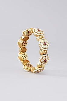 Gold Finish Kundan Polki & Red Synthetic Stone Bangles (Set Of 2)