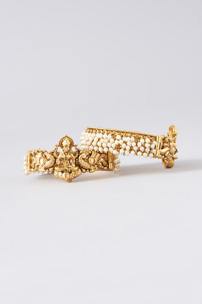 Gold Finish Kundan Polki Temple Bangles (Set of 2)