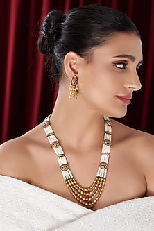 Gold Finish Kundan Polki & Pearl Temple Mala Set