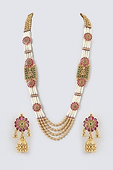 Gold Finish Kundan Polki & Pearl Temple Mala Set
