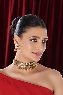 Gold Finish Kundan Polki & Red Stone Choker Necklace Set