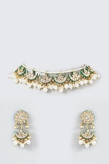 Gold Finish Kundan Polki & Pearl Choker Necklace Set