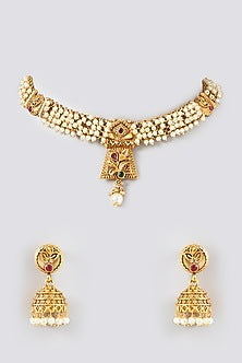 Gold Finish Pearl Choker Necklace Set
