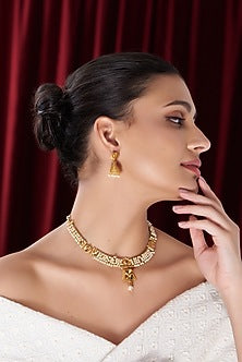 Gold Finish Pearl Choker Necklace Set