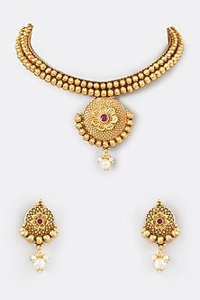 Gold Finish Kundan Polki Temple Necklace Set