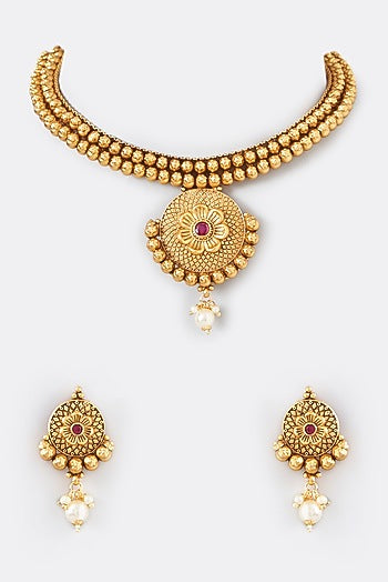 Gold Finish Kundan Polki Temple Necklace Set