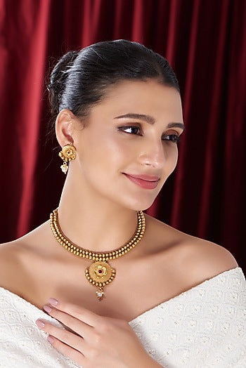 Gold Finish Kundan Polki Temple Necklace Set