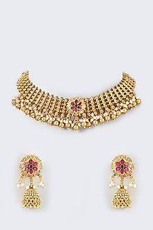 Gold Finish Kundan Polki Temple Choker Necklace Set