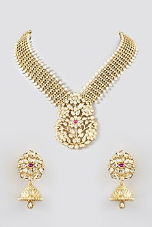Gold Finish Kundan Polki & Pearl Temple Necklace Set