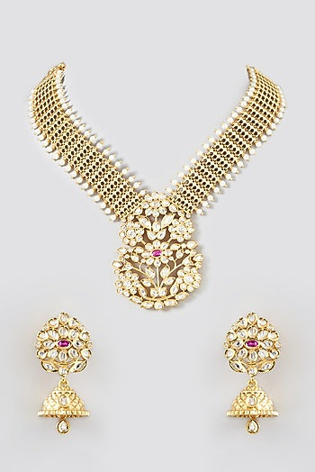 Gold Finish Kundan Polki & Pearl Temple Necklace Set