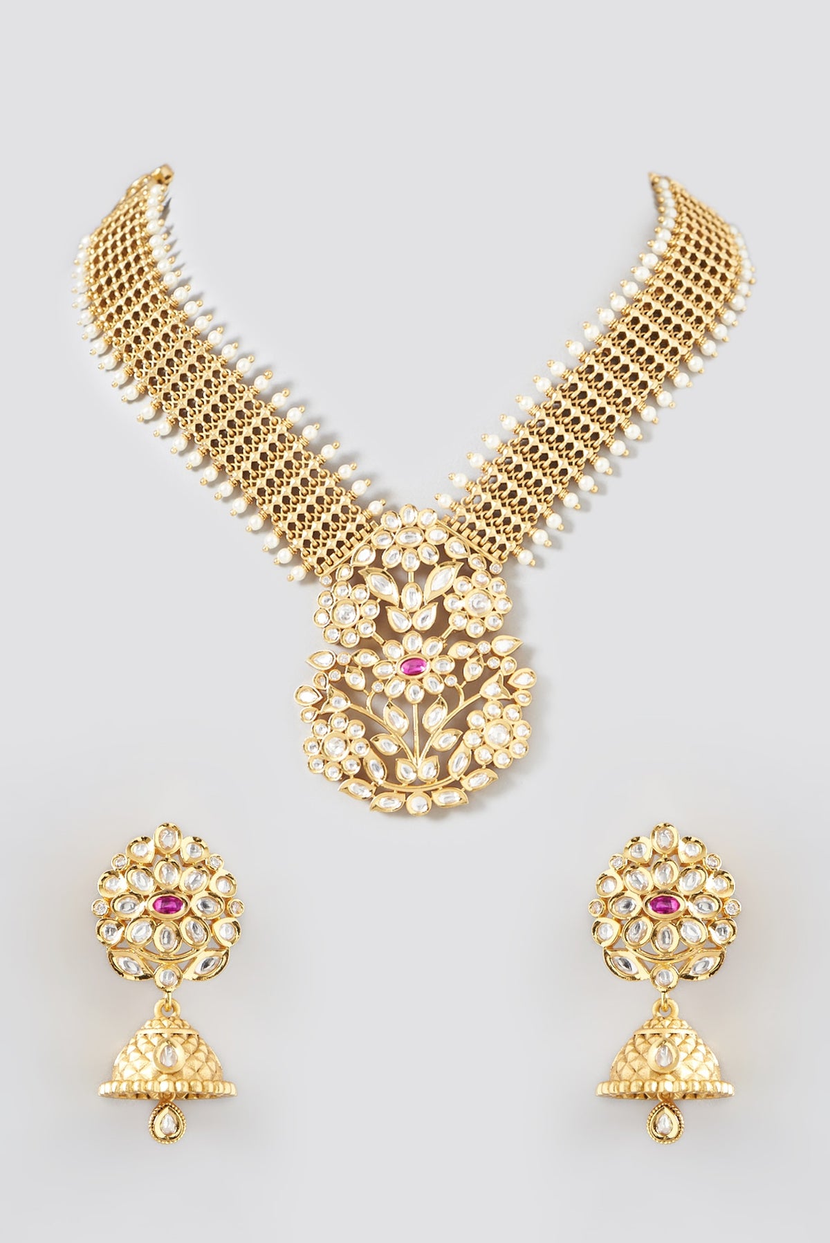 Gold Finish Kundan Polki & Pearl Temple Necklace Set