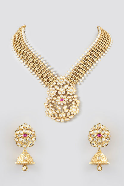 Gold Finish Kundan Polki & Pearl Temple Necklace Set