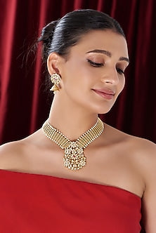 Gold Finish Kundan Polki & Pearl Temple Necklace Set