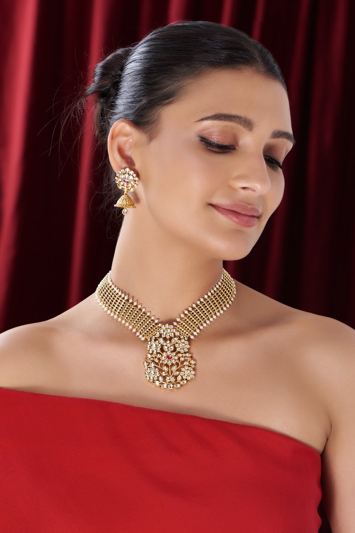 Gold Finish Kundan Polki & Pearl Temple Necklace Set