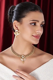 Gold Finish Kundan Polki & Red Stone Choker Necklace Set