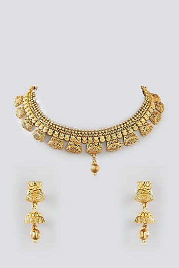 Gold Finish Kundan Polki Temple Choker Necklace Set