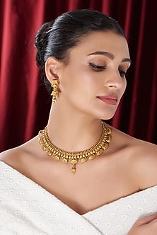 Gold Finish Kundan Polki Temple Choker Necklace Set