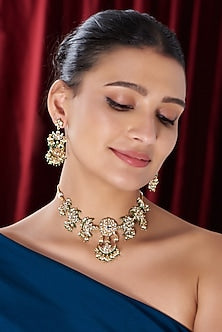 Gold Finish Kundan Polki & Green Beaded Choker Necklace Set
