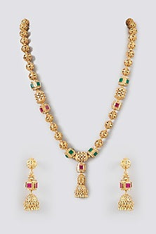 Gold Finish Kundan Polki & Beaded Temple Long Necklace Set