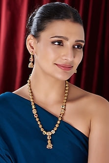 Gold Finish Kundan Polki & Beaded Temple Long Necklace Set