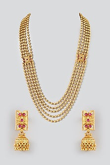 Gold Finish Kundan Polki Temple Long Necklace Set