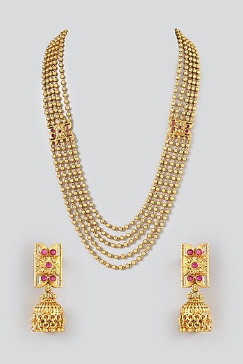 Gold Finish Kundan Polki Temple Long Necklace Set