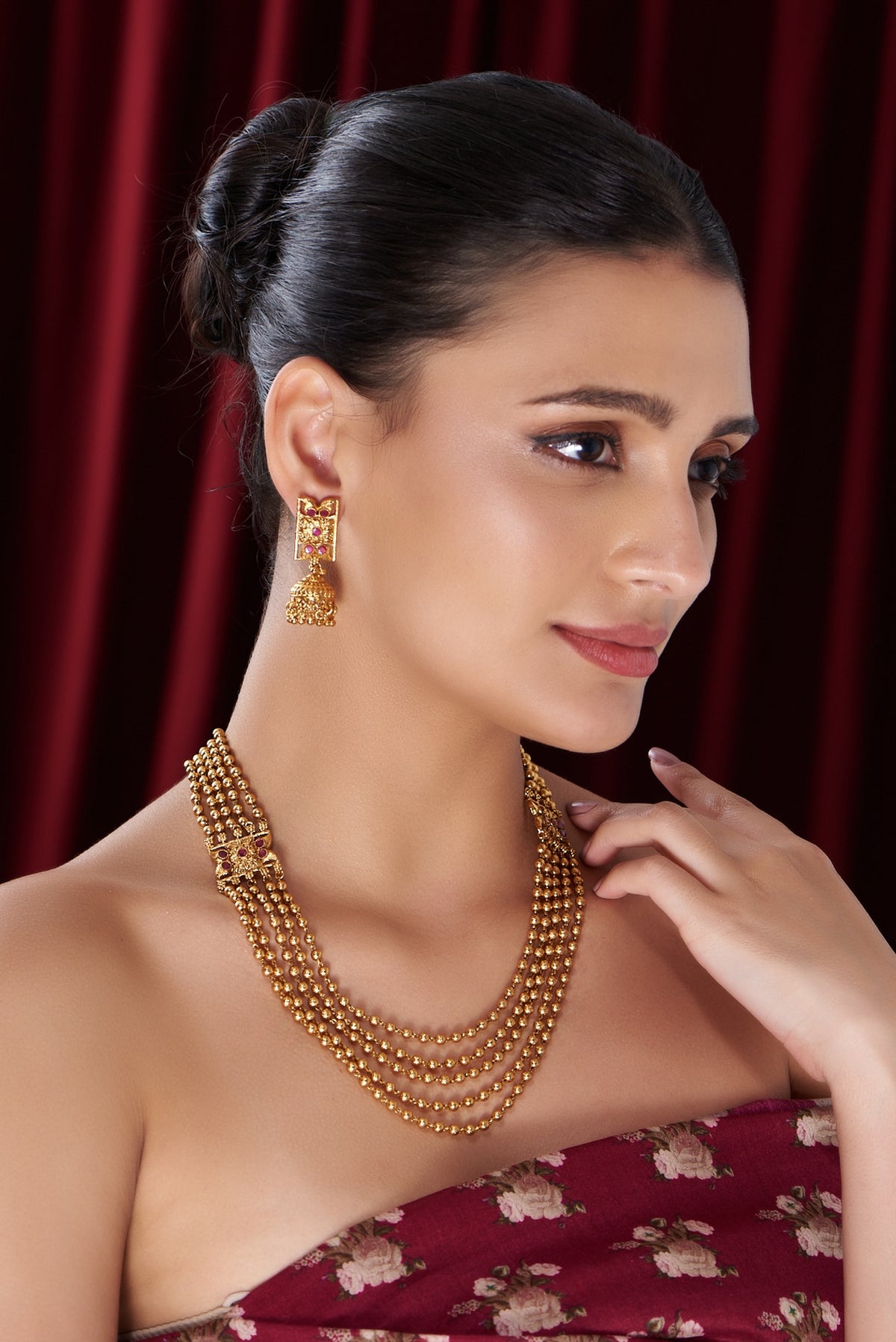 Gold Finish Kundan Polki Temple Long Necklace Set