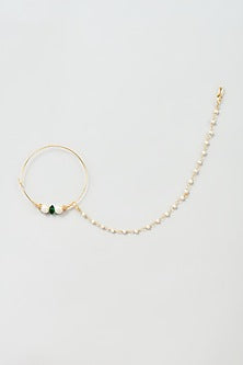 Gold Finish Pearl & Green Beaded Nath