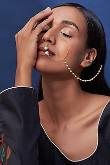 Gold Finish Pearl & Green Beaded Nath