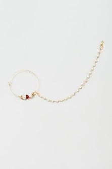 Gold Finish Pearl & Red Beaded Nath