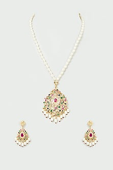 Gold Finish Multi-Colored Stone Long Necklace Set