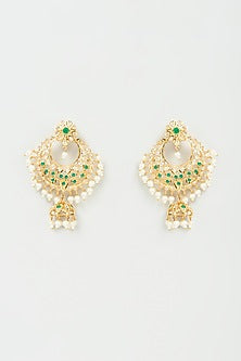 Gold Finish Green Stone & Pearl Jhumka Earrings