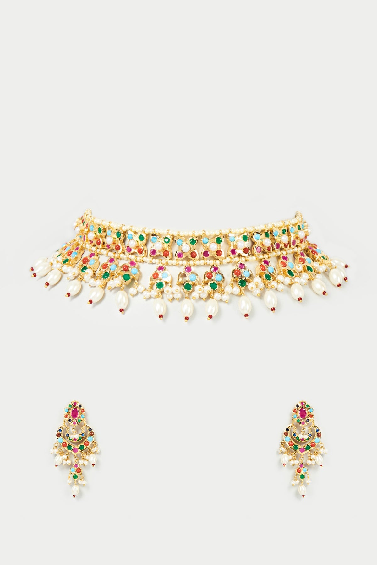 Gold Finish Multi-Colored Bead Choker Necklace Set